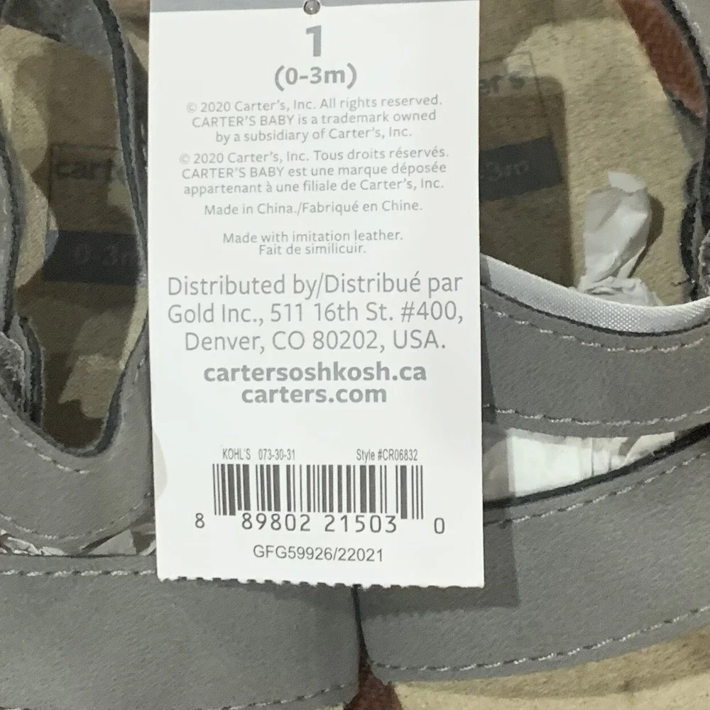 Carters Baby Boy Gray Cork Sole Sandal Crib Shoes 0-3 Months New with Tags Cute